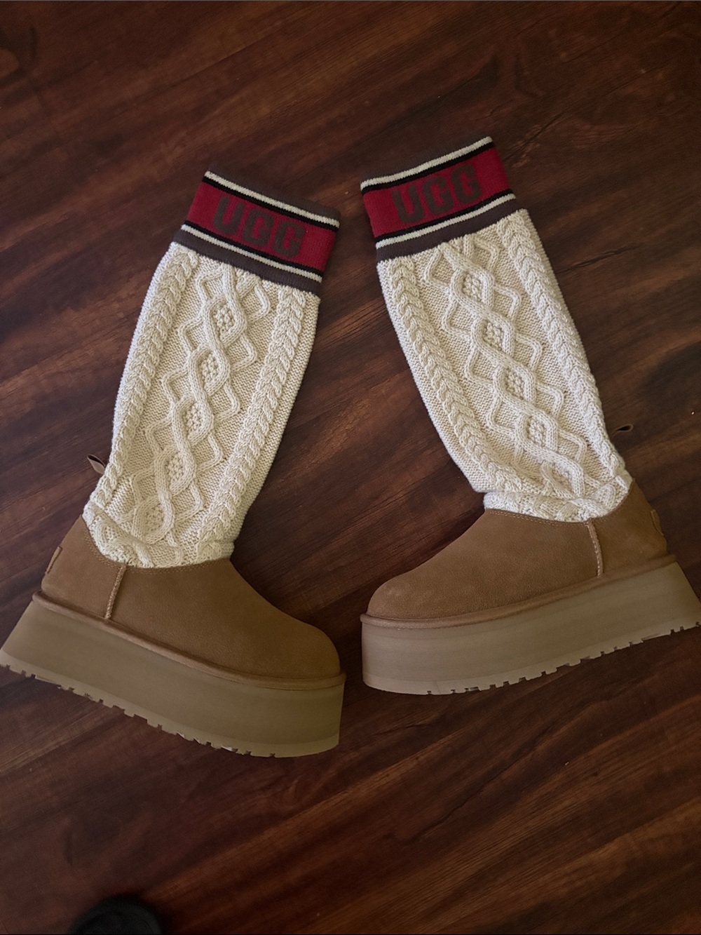 UGG Women's Tan Suede Platform Over-the-Knee Cable Knit Boots with Red Logo Cuff